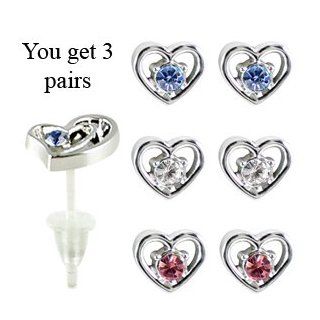 Hearts studs earrings   hypo allergic UPVC posts   white gold plated so looks like real   you get a set of 3   easy to wear, suitable for everyday wear: GlitZ JewelZ: Jewelry
