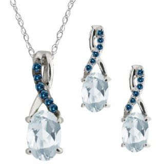 1.40 Ct Oval Sky Blue Aquamarine Gemstone 18k White Gold Pendant Earrings Set: Jewelry