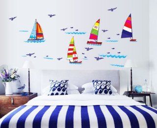 Createforlife Home Decoration Art Vinyl Mural Wall Sticker Decal Sailing Boat Sea Birds Decal Paper   Baby Room Wall Decals Sea