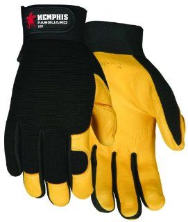 MCR Safety 901XL Fasguard Premium Grain Deerskin Multi Task Gloves with Black Spandex Back and Adjustable Wrist Closure, Yellow/Black, X Large, 1 Pair   Work Gloves  