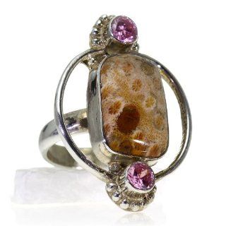 Pink Topaz, Fossilized Coral Women Ring (size: 7.75) Handmade 925 Sterling Silver hand cut Pink Topaz, Fossilized Coral color Brown 12g, Nickel and Cadmium Free, artisan unique handcrafted silver ring jewelry for women   one of a kind world wide item with 