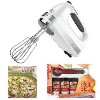 KitchenAid KHM926WH 9 Speed Hand Mixer (White) + Cooking Book + Kamenstein Mini Measuring Spoons Spice Set: Kitchen & Dining