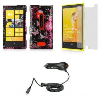 Nokia Lumia 928   Accessory Combo Kit   Magenta Chrysanthemum Butterfly Flowers Design Shield Case + Atom LED Keychain Light + Screen Protector + Micro USB Car Charger: Cell Phones & Accessories