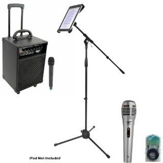 Pyle Speaker, Mic, Stand and Cable System Package for your Studio, Concert, Stage, Performance, Bar, Home, etc.   PWMA230 200W VHF Wireless Battery Powered PA System   PDMIK1 Professional Moving Coil Dynamic Handheld Microphone   PMKSPAD1 Multimedia Microp