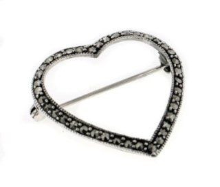 Large Sterling Silver Open Marcasite Heart Brooch Pin: Brooches And Pins: Jewelry