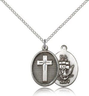 .925 Sterling Silver Highest Quality Cross / Navy USN Sailor Seaman Protection Gift Medal Pendant 3/4 x 1/2 Inches  0898  Comes with a .925 Sterling Silver Lite Curb Chain Neckace And a Black velvet Box: Jewelry