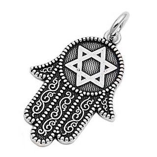 925 Sterling Silver Hamsa Hand with Star of David Pendant: Jewelry