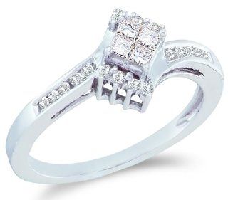 14k White Gold Diamond Engagement Solitaire Invisible Style Center Setting with Side Stones Princess and Round Brilliant Cut Diamond Ring (1/4 cttw): Jewelry