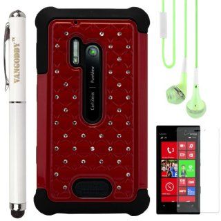 Red Embeded Studded Diamond Faceplate with Silicone Skin Cover for Nokia Lumia 928 Windows Phone 8 + VG Executive Laser Pointer Stylus Pen + Green VG Stereo Headphones w/ Mic: Electronics