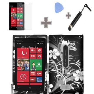 Zizo (TM) Rubberized Black White Silver Vine Flowers Snap on Design Case Hard Case Skin Cover Faceplate with Screen Protector, Case Opener and Stylus Pen for Nokia Lumia 928   Verizon: Cell Phones & Accessories