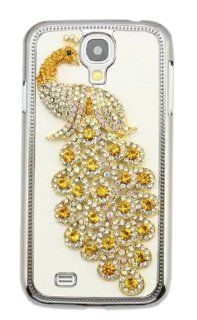Crystal Luxurious Bling Golden Peacock Back Cover For Samsung Galaxy S4 I9500 White Leather Phone Case Cell Phones & Accessories