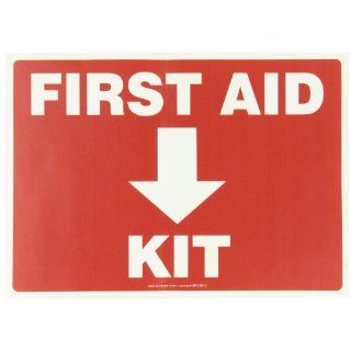 Accuform Signs MFSD958VS Adhesive Vinyl Safety Sign, Legend "FIRST AID KIT (ARROW DOWN)", 10" Length x 14" Width x 0.004" Thickness, White on Red Industrial Warning Signs