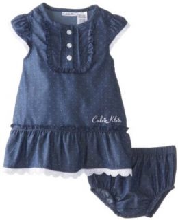 Calvin Klein Baby Girls Infant Chambray Dress with Panty, Chambrey, 18 Months Clothing