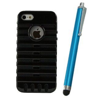NEW Stripe Hybrid BLACK Hard PC BLACK Silicone Double layer Case For iPhone 5 5G with blue stylus pen: Cell Phones & Accessories