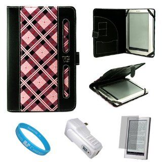 Pink Checkered Plaid Pattern Design Protective Book Style Portfolio Case Cover with Accessory Slot for Sony PRS 950 Daily Edition Electronic Digital e Reader Wireless Reading Device + INCLUDES!!! Clear Screen Protector for SONY PRS950 LCD Display Screen + 