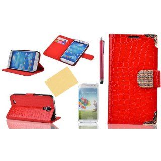 OMIU(TM)Special Corner Design Quality Wallet Leather Carry Case Cover with Credit Card Holders Fit for Samsung Galaxy S4 I9500(Red), With Luxury Rhinestones Closure Button, Stand View Function, Sent Screen Protector+Stylus+Cleaning Cloth: Cell Phones &