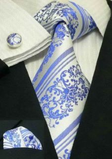 Landisun 30G White Blue Paisley Mens Silk Tie Set: Tie+Hanky+Cufflinks Exclusive at  Mens Clothing store: