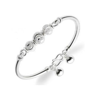 Girl's 990 Sterling Silver Bangle Bracelet with Shining Beads Jingle Bells 6" long 11g weight Y57: Jewelry