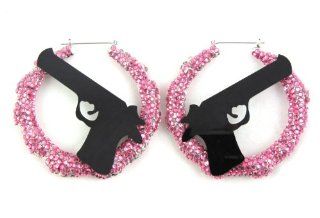 BLING BASKETBALL WIVES POPARAZZI RIHANNA GUN INSPIRED SPANGLE ROUND HOOP EARRING PINK (ONE Side Full W/Stones): Jewelry