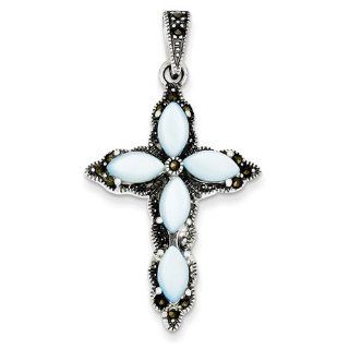 Sterling Silver Marcasite, Blue Mother Of Pearl Cross Pendant, Best Quality Free Gift Box Satisfaction Guaranteed: Jewelry