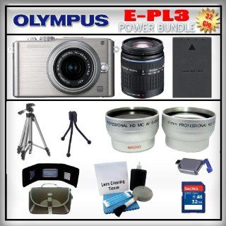Olympus PEN E PL3 Silver 12MP Digital Camera   Olympus 14 42mm Lens   Olympus 40 150mm Lens   Wide Angle and Telephoto Zoom Lens   32GB SDHC Memory Card   USB Memory Card Reader   Memory Card Wallet   Spare Battery   Carrying Case   Lens Cleaning Kit   Ful