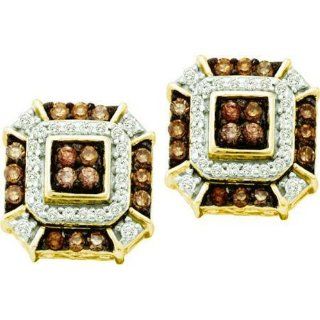 0.48 Carat (ctw) 10k Yellow Gold Round Brown & White Diamond Ladies Fine Earrings: Jewelry