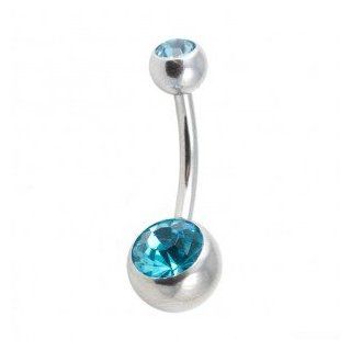 316L Steel Navel Belly Button Ring w/ Two Turquoise Strass Diamonds   Body Piercing & Jewelry by VOTREPIERCING   Size: 1.6mm/14G   Length: 10mm   Small ball: 05mm   Big ball: 08mm: Jewelry