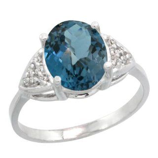 14K White Gold Natural London Blue Topaz Ring Oval 10x8mm Diamond accent 3/8 inch wide, sizes 5 10: Jewelry