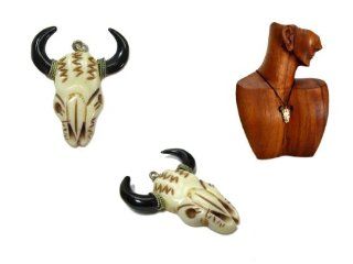 Cow Skull / Steer with Horns Bone Carved Pendant with Cord Necklace: Jewelry