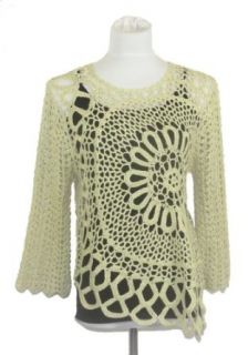 Tempo Paris Elegant Crocheted Sweater with Floral Accent. (Medium, Gold) at  Womens Clothing store