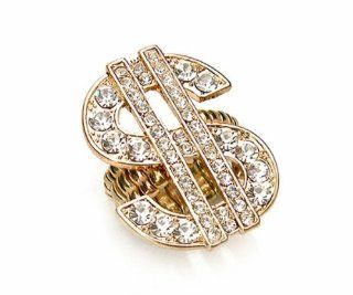 Crystal Dollar Sign Stretch Ring Clear BL Gold Plate Money Casino Bank: Jewelry