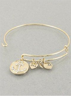 Gold Anchor Charm Bangle Bracelet. Rhinestone Detailed Anchor Charm. Heart Shaped Love Charm and Rhinestone Detailed Star Charm.: Jewelry