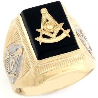 14k Two Tone Real Gold Past Master Freemason Masonic Onyx Mens Ring: Jewelry