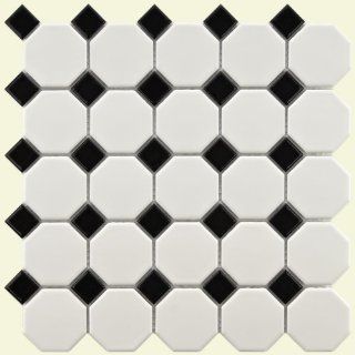 Retro Octagon Matte White with Glossy Black Dot 11 1/2 x 11 1/2 Inch Porcelain Floor & Wall Tile (10 Pcs/9.2 Sq. Ft. Per Case, $1 Standard Shipping)   Ceramic Tiles  