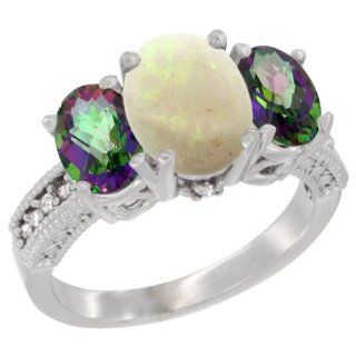 10K White Gold Natural Opal Ring Ladies 3 Stone 8x6 Oval with Mystic Topaz Sides Diamond Accent, sizes 5   10 Jewelry