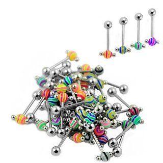Wholesale Package 100 Pieces of Surgical Steel Body Piercing Barbell with UV Swirly Striped Design Color Balls and Small Ball Barbell across it Jewelry