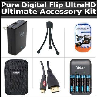 Ultimate Accessory Kit For The Flip UltraHD Video Camera Camcorder 2HR. 3rd Generation U32120B, U32120W NEWEST MODEL Includes Slim Protective hard Case + Flip Power Adapter APA1B + Mini Tripod + 4 AAA Batteries And Charger + Micro HDMI Cable + More : Digit