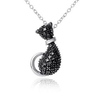 Sterling Silver Genuine Black Diamond Cat Pendant Necklace , 18": Jewelry