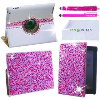 iPad Case   Rotating Faux Leather Bling Case Compatible with Apple iPad 4, iPad 3, iPad 2   also includes 1 Bling Stylus Pen / 1 Long Stylus Pen / 1 ECO FUSED® Microfiber Cleaning Cloth   Cute Rhinestone Cover Perfect for Girls (pink): Computers & 