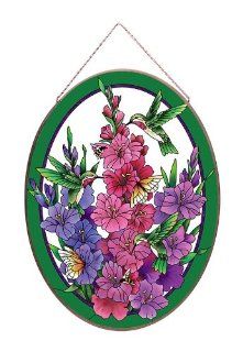 23" Hummingbird & Gladiolus Hand Painted Glass Hanging Wall or Window Art Panel   Suncatchers