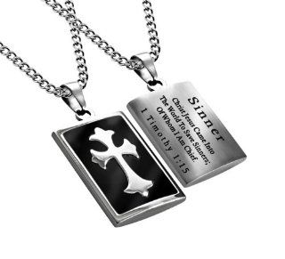 Christian Mens Stainless Steel Abstinence "Sinner   Christ Jesus Came Into the World to Save Sinners; of Whom I Am Chief" Black Enamel Deluxe Cross Necklace for Boys   Guys Purity Necklace   20" Curb Chain Jewelry