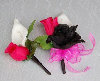 Black Hot Pink and White Pin Corsage & Boutonniere Set for Prom, Party, Wedding   Artificial Mixed Flower Arrangements