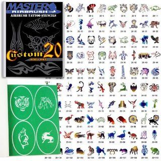 Master Airbrush Brand Airbrush Tattoo Stencils Set Book #20 Reuseable Tattoo Template Set, Book Contains 110 Unique Stencil Designs, All Patterns Come on High Quality Vinyl Sheets with a Self Adhesive Backing.