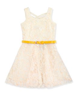 Neon Lace Belted Skater Dress, Ivory/Orange, 4 6X