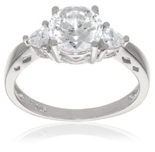Platinum Plated "100 Facets Collection" Cubic Zirconia Three Stone Ring (3 cttw): Jewelry