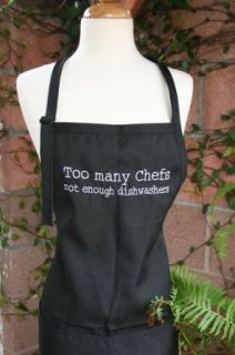 Black "Too Many Chefs, Not Enough Dishwashers" Embroidered Apron: Clothing