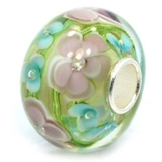Pro Jewelry .925 Sterling Silver Glass Larger Size Green / Pink & Blue Flowers (Crystals Inside Glass) Charm Bead for Snake Chain Charm Bracelets 5711 Charms Jewelry