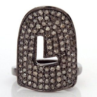 L  Initial Letter Mid Finger Diamond Pave Ring Silver Fashion Jewelry: Jewelry
