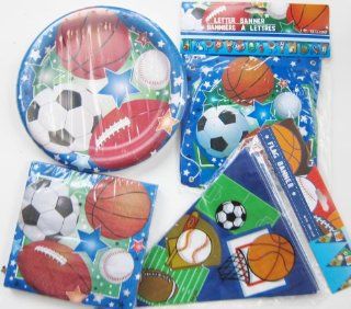 Sports Theme Birthday Party Kit For Boys and Girls ~ Standard Package For Larger Events ~ Dinner Plates, Luncheon Napkins, Happy Birthday Letter Banner, and Pennant Flag Banner ~ Soccer, Baseball, Basketball, & Football ~ Serves 18 