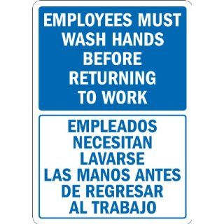 SmartSign 3M Engineer Grade Reflective Label, Legend "Employees Wash Hands Before Returning to Work", Bilingual Sign, 14" high x 10" wide, Blue on White Industrial Warning Signs